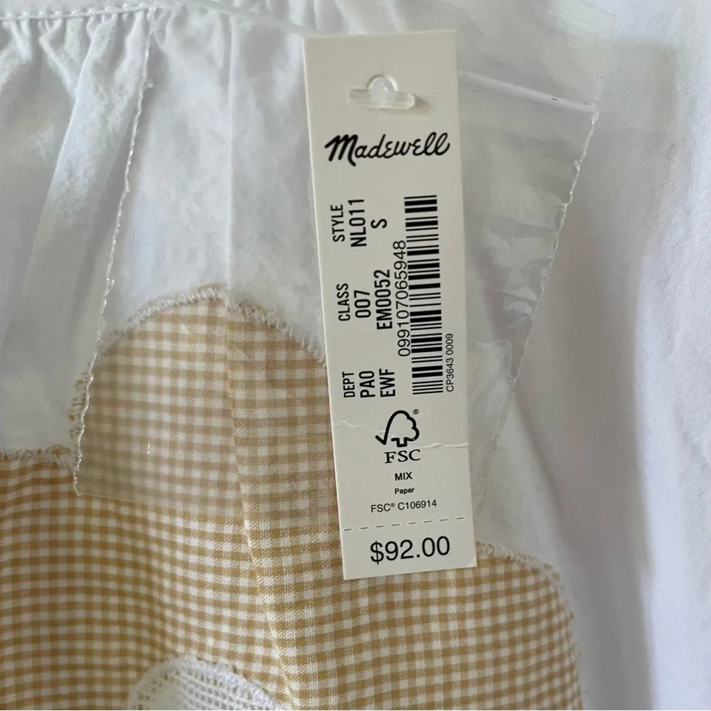 NWT Madewell Poplin Gingham Embroidered Flower Puff Sleeve Cut Out Top in White